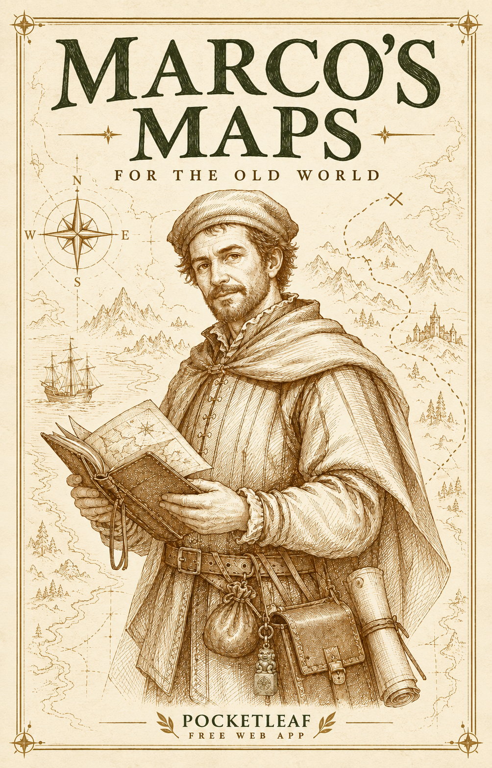 Marco’s Maps cover: a hand-drawn cartographer holding an atlas, framed by maps and a compass rose on parchment.